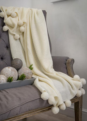 Pom Pom Knit Throw ... Ivory